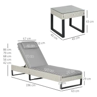 Outsunny 3-piece PE Rattan Sun Lounger Set with Adjustable 5-Position Recliner, Patio Chaise Lounge Chair Set with Cushions, Headrests, Glass Top Square Coffee Table, Light Grey(m-3)