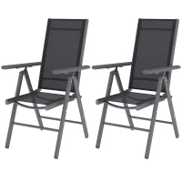 Outsunny Set of 2 Folding Garden Chairs, Aluminium Frame Outdoor Dining Chairs with Breathable Mesh Back and Seat, Garden Folding Chair Set with Armrests for Balcony, Dark Grey(m-11)