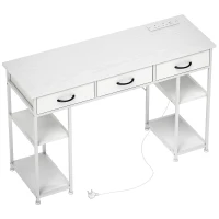 HOMCOM 120cm Computer Desk with Power Outlets, Office Desk Study Table with 3 Fabric Drawers and 4 Storage Shelves, White(m-1)