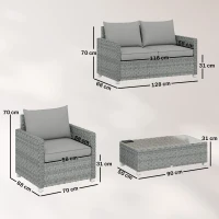 Outsunny 4 Piece Rattan Garden Furniture Set with Loveseat, 2 Armchairs, Glass-Top Table, Wicker Patio Conversation Set, Grey(m-3)