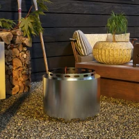 Outsunny Smokeless Fire Pit, 48.5cm Portable Wood Burning Firepit with Poker for Garden Camping Bonfire Party, Stainless Steel, Silver(m-7)