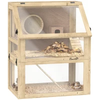 PawHut Wooden Hamster Cage with Detachable 32cm Deep Bottom, Hut, Seesaw, Exercise Wheel, Ramp, 60 x 40 x 75cm, Natural(m-10)
