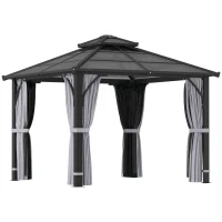 Outsunny 3 x 3(m) Hardtop Gazebo Canopy with 7mm Polycarbonate Double-Tier Roof, Garden Gazebo Permanent Pavilion with Mosquito Netting and Curtains for Patio, Terrace, Dark Grey(m-1)