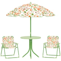 AIYAPLAY 4-Piece Kids Garden Table and Chair Set with Adjustable Parasol, Folding Chairs, Table, Nature Pattern, Green(m-10)