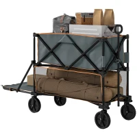 Outsunny Double Decker Folding Festival Trolley on Wheels, 200KG & 350L Capacity Collapsible Wagon Festival Trolley Cart with 134cm Extended for Camping Sports Shopping Garden and Beach, Grey(m-10)
