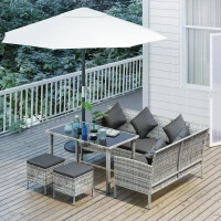 Outsunny tsunny 6-Seater Rattan Dining Set Sofa Table Footstool Outdoor w/ Cushion Garden Furniture, Dark Grey(m-9)