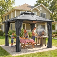 Outsunny 2.5 x 2.5 m Hardtop Gazebo Canopy with 7mm PC Roof, Garden Gazebo Permanent Pavilion with Netting, Curtains, Dark Grey(m-8)