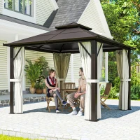 Outsunny 3 x 3(m) Hardtop Gazebo Canopy with UPF30+ Double Polycarbonate Roof, Aluminium Frame Garden Gazebo Permanent Pavilion with Mosquito Netting and Curtains for Patio, Deck, Beige(m-2)