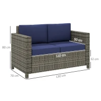 Outsunny Rattan Sofa, 2 Seater Garden Furniture with Soft Padded Cushion and Armrests, Wicker Garden Loveseat for Patio, Navy Blue(m-3)