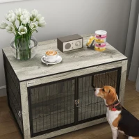 PawHut Dog Crate Furniture with Wheels, Double Doors, for Medium Dogs, Grey(m-9)