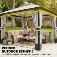 Outsunny 3 x 3.6 m Outdoor Garden Gazebo with Netting and Curtains, Double Roof Patio Gazebo Permanent Pavilion, Light Grey(m-5)