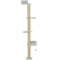 PawHut Wall Mounted Cat Shelves, Cat Climbing Wall with 4 Climbing Platforms, Jute Scratching Post and Toy Ball,180cm Tall, Light Grey(m-1)