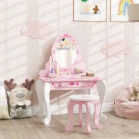 AIYAPLAY Kids Dressing Table Set, Vanity Table with Stool, Mirror, Drawer, Desktop, Storage, Ballet-Theme, Pink(m-2)