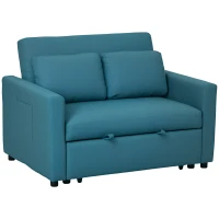 HOMCOM Loveseat Sofa Bed, Convertible Bed Settee with 2 Pillows, Side Pockets, Blue(m-10)