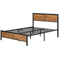 HOMCOM Industrial Double Bed Frame, 5FT Steel Bed Base with Headboard, Footboard, Slatted Support and Under Bed Storage, 142 x 195cm, Rustic Brown(m-11)