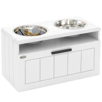 PawHut Raised Dog Bowl with Slow Feeder, Two Stainless Steel Dog Bowls, Drawer, for Large and Extra Large Dogs, White(m-10)