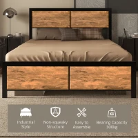 HOMCOM Industrial Double Bed Frame, 5FT Steel Bed Base with Headboard, Footboard, Slatted Support and Under Bed Storage, 142 x 195cm, Rustic Brown(m-4)