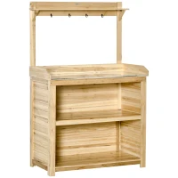 Outsunny Garden Potting Bench Table, Wooden Workstation Bench w/ Galvanized Metal Tabletop, Storage Shelves and Hooks, Natural(m-1)
