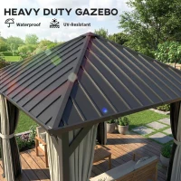 Outsunny 3 x 3(m) Hardtop Gazebo with Galvanised Steel Roof and Water Gutter, Waterproof Permanent Pavilion Garden Gazebo with Netting and Curtains for Patio, Deck, Black(m-4)
