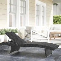 Outsunny Outdoor PE Rattan Sun Lounger, Folding Wicker Garden Lounger Recliner with 4-Level Adjustable Backrest, Rolling Sunbed Lounge Chair with Wheels, Non-Slip Legs for Balcony, Beach, Black(m-2)