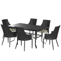 Outsunny 6 Seater Rattan Dining Set with Cushions, Garden Furniture Set with Armchairs, Rectangle Slatted Table Top, Steel Frame, Parasol Hole, Wicker Outdoor Furniture for Patio, Balcony, Cream White(m-1)