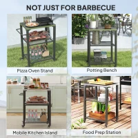 Outsunny Three-Shelf Outdoor Grill Cart with Stainless Steel Top, Outdoor Kitchen Island with 4 Wheels, 3 Hooks, Movable Food Prep Barbecue Pizza Oven Table for Kitchen, Garden, 65.5 x 41 x 79 cm(m-7)