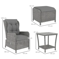 Outsunny 5 Pieces Rattan Bistro Set with Adjustable Back, Reclining Wicker Balcony Furniture with Cushions, Glass Top Coffee Table and Footstools, Outdoor Table and Chairs, Light Grey(m-3)