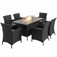 Outsunny 7 Pieces Outdoor Rattan Garden Furniture with Fire Pit Table, 6 Seater Garden Table and Chairs with Cushions, Rattan Dining Set with Propane Heater Table, Windscreen, 50,000 BTU, Black(m-10)
