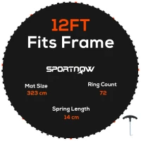 SPORTNOW Replacement Trampoline Mat with Spring Pull Tool, 72 V-Hooks, for 12ft Trampoline using 14cm Springs, Black(m-1)