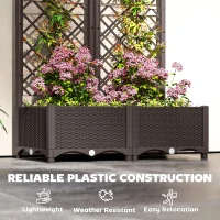 Outsunny Raised Garden Bed with Trellis, Plastic Planter Box with Drainage Holes, Drain Plugs and Water Reservoirs for Climbing Plants, Vegetables, Flowers, Brown(m-5)