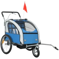 HOMCOM 2 Seat Bike Trailer with 5 Point Harness, Baby Bike Stroller with Safety Flag, Reflectors, for 18+ Months, Blue(m-10)