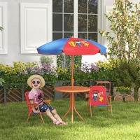 Outsunny Kids Picnic Table and Chair Set, Cowboy Themed Outdoor Garden Furniture w/ Foldable Chairs, Adjustable Parasol(m-2)