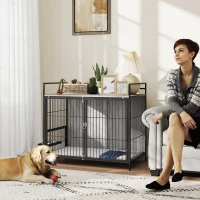PawHut Large Dog Crate Furniture with Rotating Bowl Holder, 2 Bowls, 2 Doors, for Large Dogs, 100 x 60 x 88 cm, Grey(m-2)