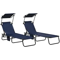 Outsunny Set of Two Folding Sun Loungers, with Adjustable Backs and Sun Canopies - Dark Blue(m-1)