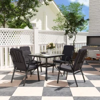 Outsunny 5 Pieces Outdoor Square Garden Dining Set w/ Tempered Glass Dining Table 4 Cushioned Armchairs, Umbrella Hole, Black(m-2)