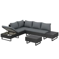 Outsunny 5 Seater Rattan Garden Furniture Set, L Shaped Garden Corner Sofa, Adjustable Back, Faux Wood Table, Dark Grey(m-1)
