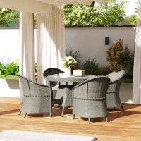 Outsunny 4 Seater Rattan Garden Furniture Set with Cushions, Round PE Rattan Dining Set with Glass-Top Table, Umbrella Hole, Outdoor Garden Table and Chairs, Grey(m-2)