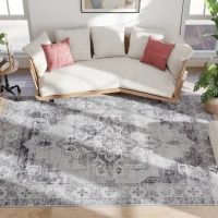 HOMCOM Vintage Area Rug, Non-Slip Washable Rug, Flannel Floor Carpet for Living Room, Bedroom, Dining Room, Home Office, 290 x 200 cm, Grey(m-11)