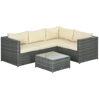 Outsunny 3 Pieces PE Rattan Garden Furniture Set with 10 cm Thick Cushions, 4 Seater Garden Corner Sofa Set with Glass Top Coffee Table, Outdoor Furniture for Patio, Porch, Beige(m-1)