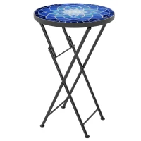 Outsunny Mosaic Outdoor Garden Table, 35.5cm Round Folding Coffee Table with Metal Frame for Balcony Terrace, Navy Blue(m-1)