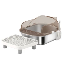 PawHut Stainless Steel Litter Box with Lid, High Wall Sided Enclosure, Pedal, Scoop, Non-Sticky, Anti-Leakage, Easy Cleaning(m-11)