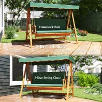 Outsunny 3 Seater 2-in-1 Wooden Garden Swing Seat Swing Chair Outdoor Convertible Hammock Bench Furniture Lounger Bed Wood, Dark Green(m-4)