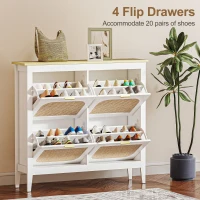 HOMCOM Narrow Shoe Cabinet, Boho Slim Shoe Storage Cabinet with 4 Flip Drawers, Holds 20 Pairs, White(m-5)