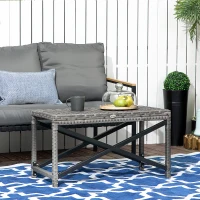 Outsunny Outdoor Coffee Table, Garden PE Rattan Side Table with Plastic Board Under the Full Woven Table Top and X-Shaped Frame for Patio, Balcony, Mixed Grey(m-2)