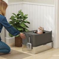 PawHut Stainless Steel Cat Litter Tray, Extra Large Enclosed Litter Box with Scoop, Top Entrance, Non-slip Pads, Dark Grey(m-2)