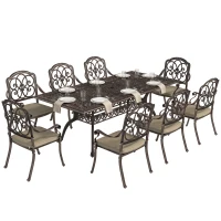 Outsunny 9 Piece Cast Aluminium Garden Dining Set, Garden Table and Chairs Set with Cushions, Parasol Hole for Patio, Bronze Tone(m-10)