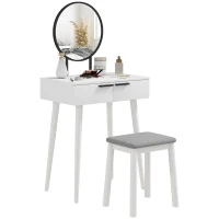 HOMCOM Modern Dressing Table with Round Mirror and Stool, Makeup Vanity Table with 2 Drawers for Bedroom, Living Room, 60 x 40 x 123 cm, White(m-10)