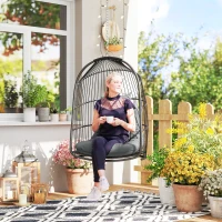 Outsunny Hanging Egg Chair, Foldable Rattan Garden Swing Chair with Installation Kit, Thickened Cushion and Headrest, Indoor Outdoor Hanging Egg Basket Seat for Patio, Porch, Dark Grey(m-2)