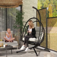 Outsunny Outdoor PE Rattan Swing Chair with Foldable Basket and Cushion, Garden Patio Hanging Egg Chair with Metal Stand, Headrest for Indoor and Outdoor, Black(m-2)