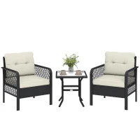 Outsunny 3 Pieces Rattan Bistro Set with Glass Top Coffee Table, Chairs and Cushions for Outdoor, Patio, Balcony, Cream(m-10)